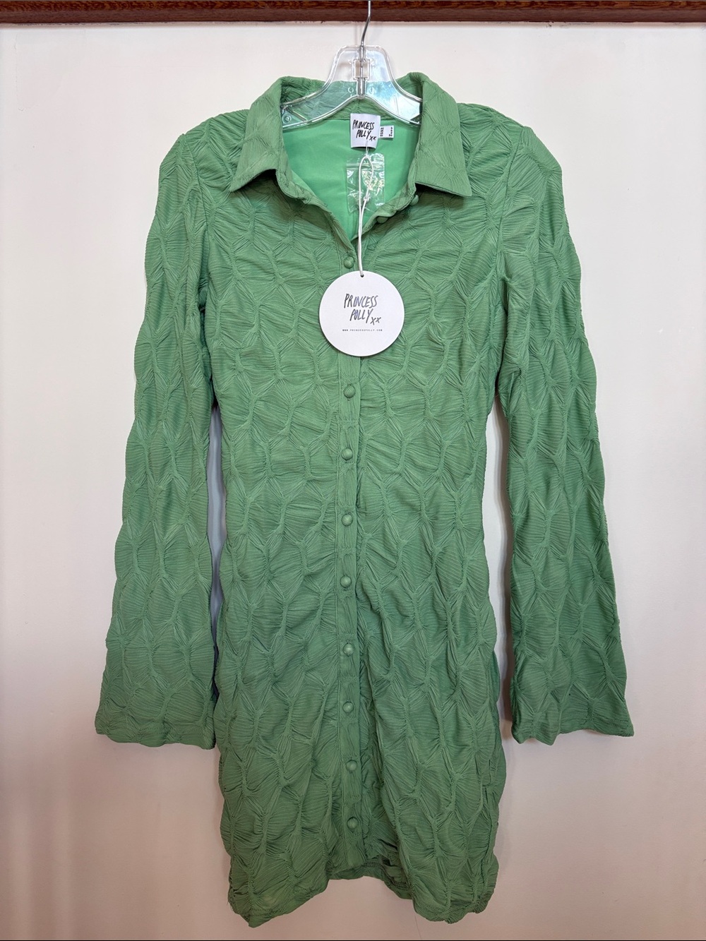 Princess Polly Green Long Sleeve Dress Mini Collared Button Women’s Size 2 NWT
